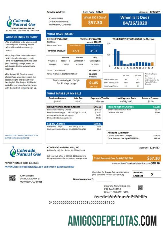 imprimível Modelo de fatura de serviços públicos de gás natural dos EUA Colorado em formato Word e PDF